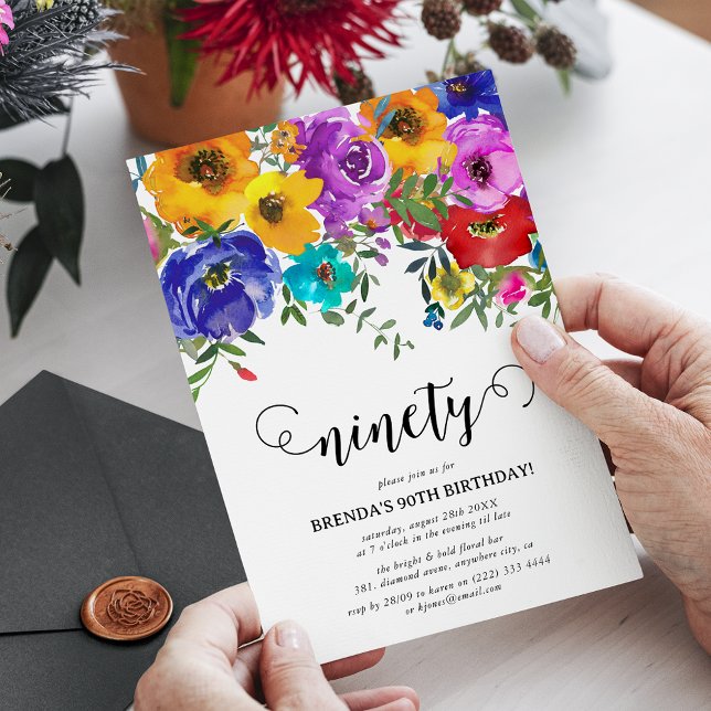 Invitation Fleurs vives et audacieuses pour 90e anniversaire (Créateur téléchargé)