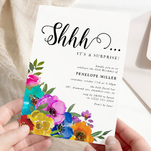 Invitation Fleurs vives et audacieuses Shhh Surprise Annivers