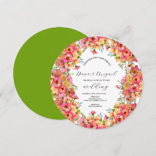 Invitation Fleurs vives mélange rose aquarelle mariage rond