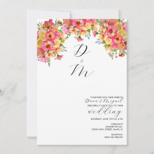 Invitation Fleurs vives rose jaune aquarelle mariage  
