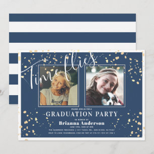 Invitation Flies Temps Marine Bleu Bande Or Photo Graduation
