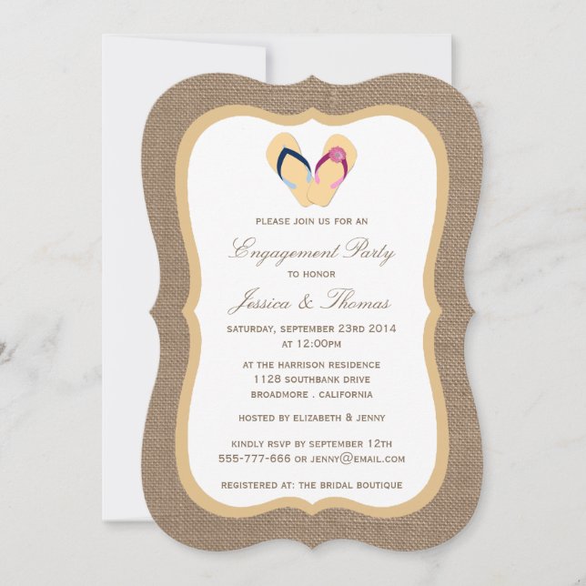 Invitation Flip Flop Sandy Beach Sur Burlap Engagement Party (Devant)