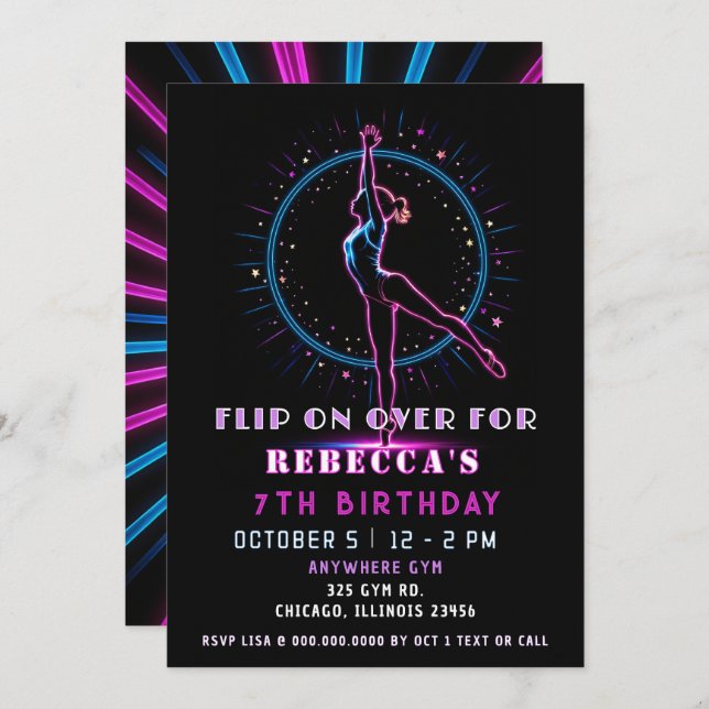 Invitation Flip On Over Fun Neon Glow Gymnastic Anniversaire (Devant / Derrière)