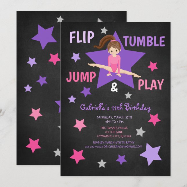 Invitation Flip, Tumble, Jump & Play Gymnastique Anniversaire (Devant / Derrière)