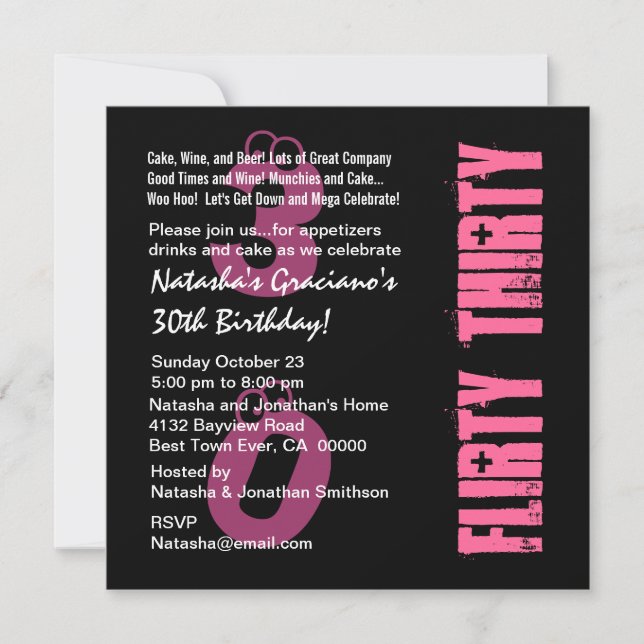 Invitation Flirty Thirty Birthday Black White PInk Modèle (Devant)