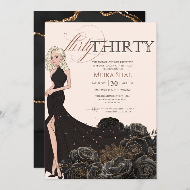 Invitation Flirty Thirty Glam Black & Rose Gold 30e anniversa (Devant / Derrière)