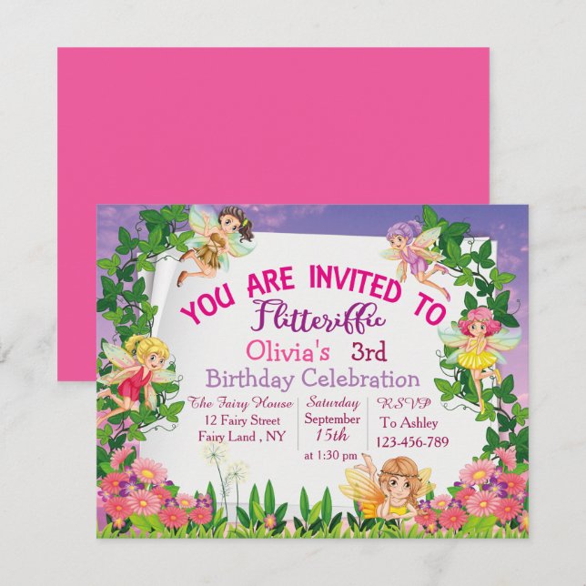 Invitation Flitteriffic Pink Magic Fairy Land 3e anniversaire (Devant / Derrière)