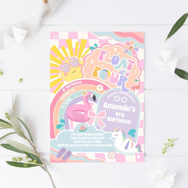 Invitation Float Into Four Pool Party Rainbow 4th Birthday (Créateur téléchargé)