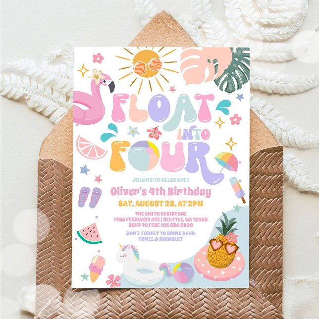 Invitation Float Into Four Pool Party Summer 4th Birthday (Créateur téléchargé)