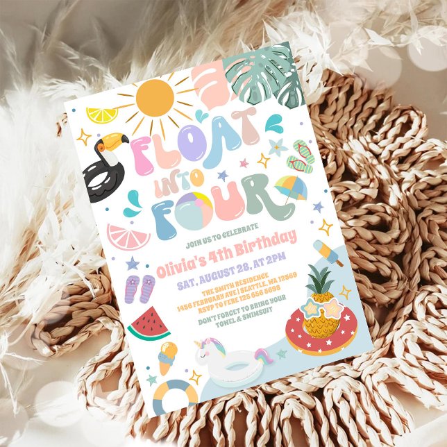 Invitation Float Into Four Pool Party Summer 4th Birthday (Créateur téléchargé)