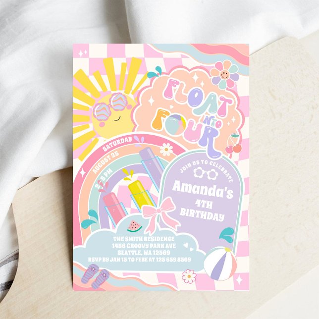 Invitation Float Into Four Sun Rainbow Disco 4th Birthday (Créateur téléchargé)