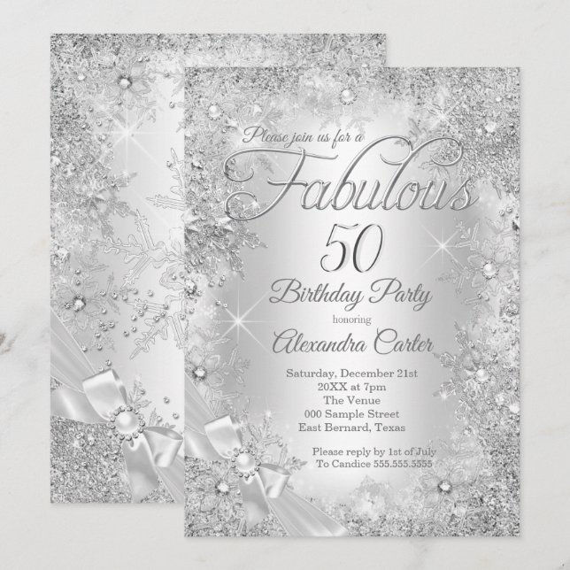 Invitation Flocon de neige à l'arc fabuleux 50 perles argenté (Devant / Derrière)
