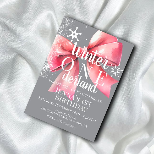 Invitation Flocon de neige à ruban rose écriture première ann (Créateur téléchargé)