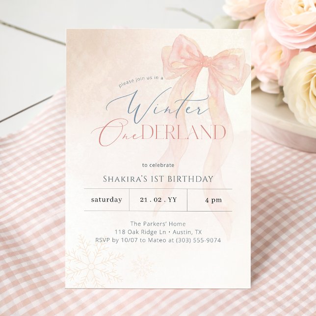 Invitation Flocon de neige à ruban rose Onederland 1er annive (Créateur téléchargé)