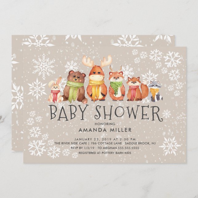Invitation Flocon de neige Animaux de forêt Baby shower Invit (Devant / Derrière)