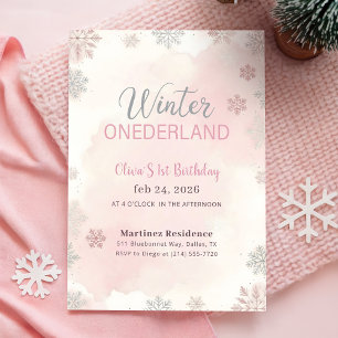 Invitation Flocon de neige argent rose Fille premier annivers