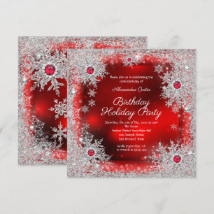 Invitation Flocon de neige argenté rouge fête d'anniversaire