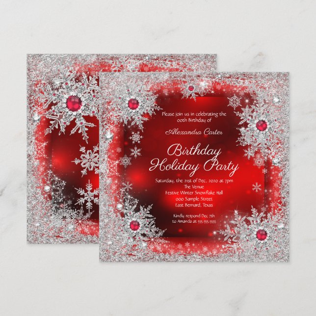 Invitation Flocon de neige argenté rouge fête d'anniversaire  (Devant / Derrière)