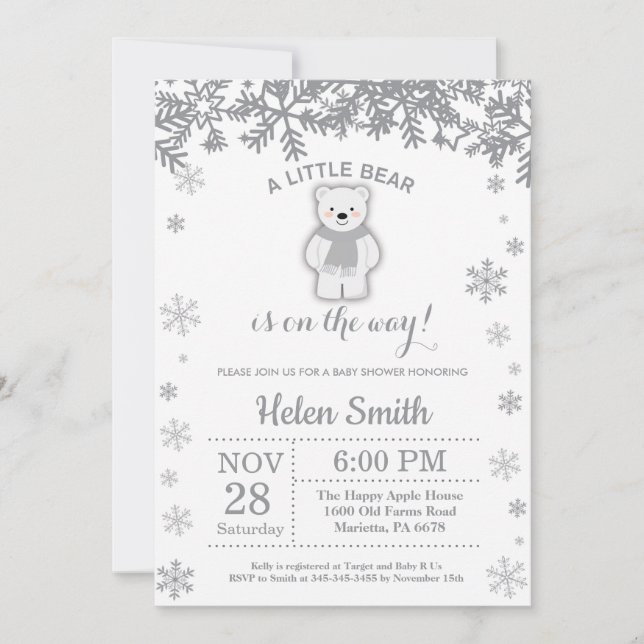 Invitation Flocon de Neige Baby Shower Hiver Ours  (Devant)