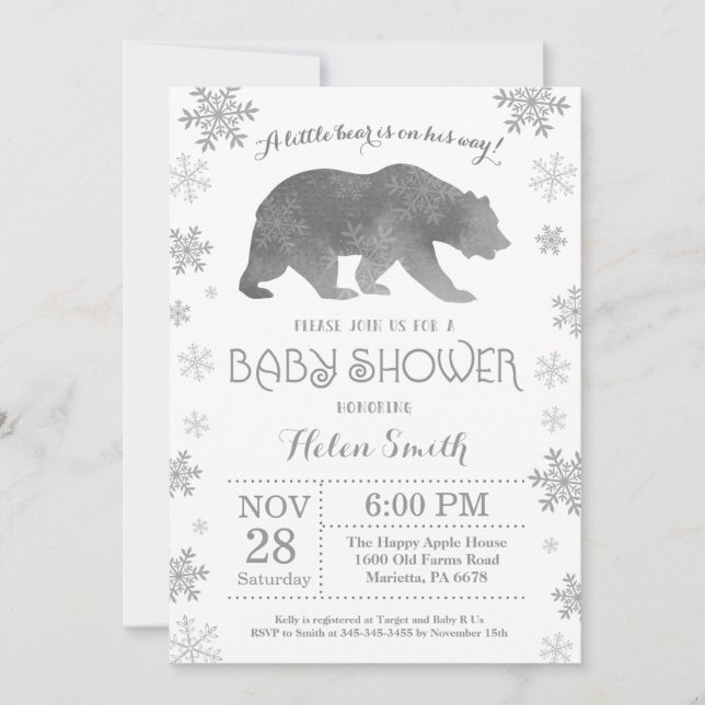 Invitation Flocon de Neige Baby Shower Hiver Ours  (Devant)