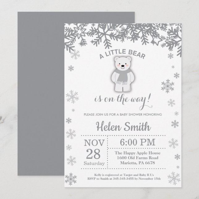 Invitation Flocon de Neige Baby Shower Hiver Ours  (Devant / Derrière)