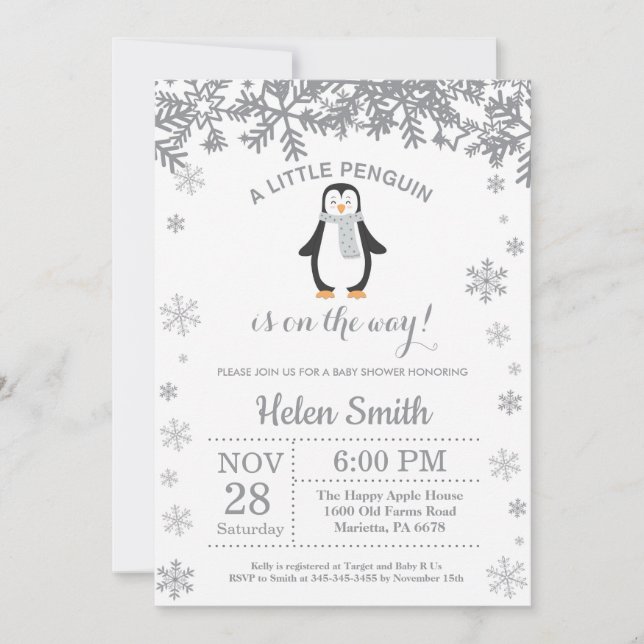 Invitation flocon de neige Baby Shower hiver pingo (Devant)