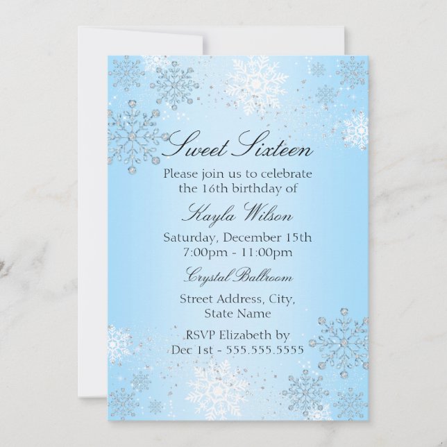 Invitation Flocon de neige bleu cristal hiver Wonderland Swee (Devant)