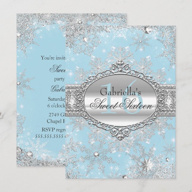 Invitation Flocon de Neige Bleu pour les 16 ans Wo (Devant / Derrière)
