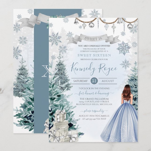 Invitation Flocon de neige bleu Silver Holiday Sweet 16 Invi (Devant / Derrière)