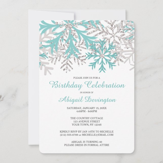 Invitation Flocon de neige bleu Turquoise Argent hiver Invita (Devant)
