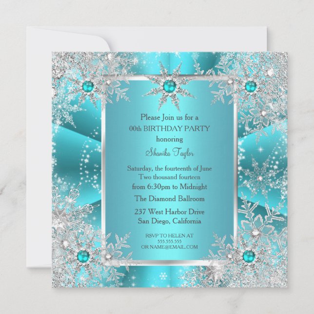 Invitation Flocon de Neige Bleu Turquoise Argent Noël Hiverna (Devant)