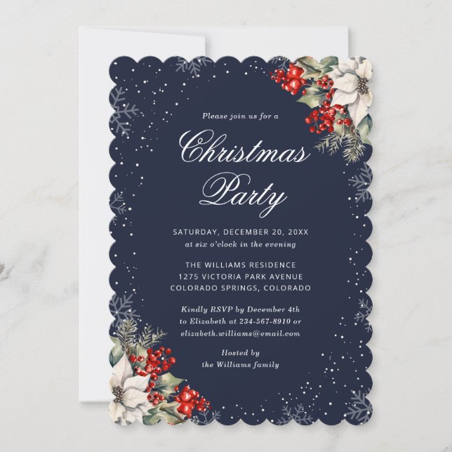 Invitation Flocon de neige botanique bleu Élégant Noël Party (Devant)