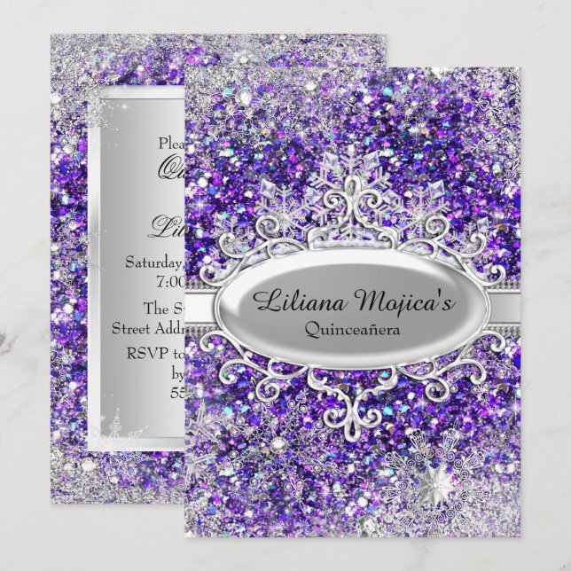Invitation Flocon de neige cristal paillettes violettes Quinc (Devant / Derrière)