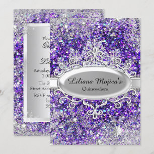 Invitation Flocon de neige cristal paillettes violettes Quinc