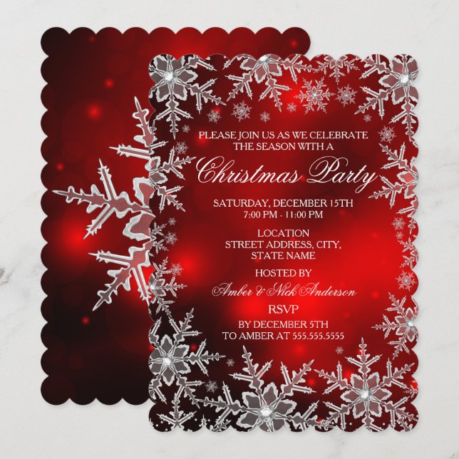 Invitation Flocon de neige cristal rouge Noël Scall Party (Devant / Derrière)