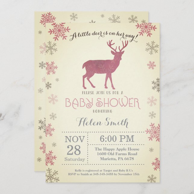 Invitation Flocon de neige de baby shower de fille de rose (Devant / Derrière)