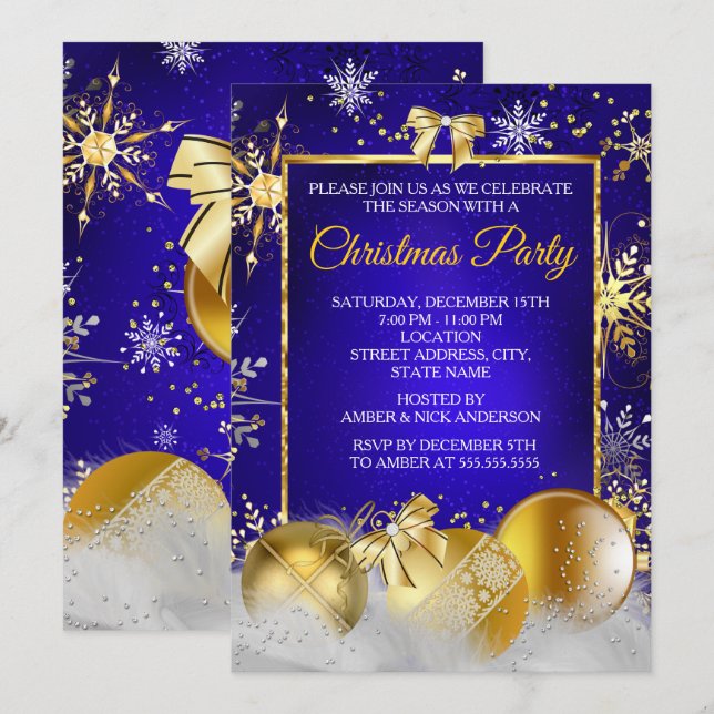 Invitation Flocon de neige de la fête de Noël Royal Blue Gold (Devant / Derrière)
