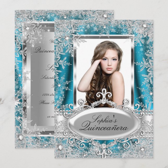 Invitation Flocon de Neige de Quinceanera de Teinte Argenté É (Devant / Derrière)