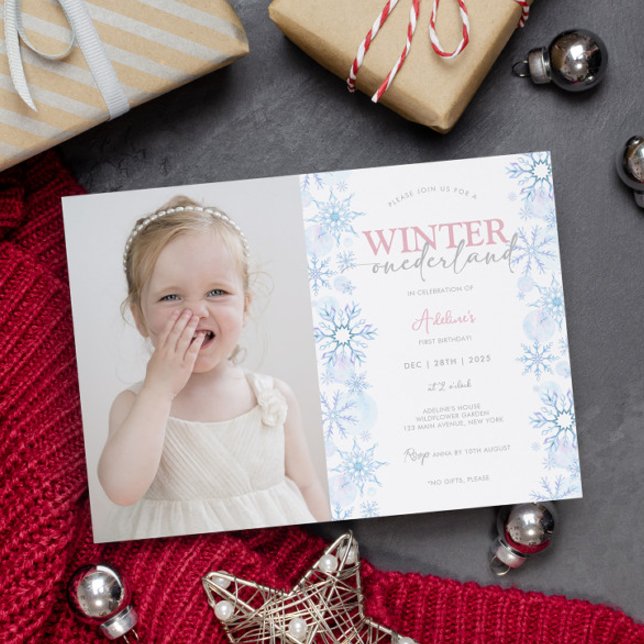 Invitation Flocon de neige d'hiver 1er anniversaire Onederlan (1st birthday girl invitations winter theme first birthday winter onederland cute with photo digital)