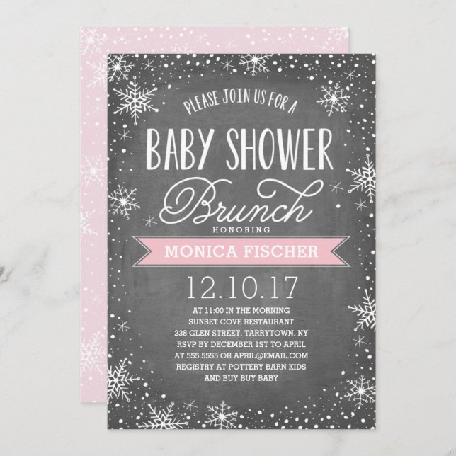 Invitation Flocon de neige d'hiver Baby shower Brunch Chalkbo (Devant / Derrière)