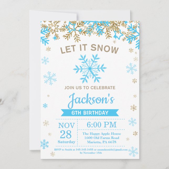 Invitation Flocon de neige d'hiver Bleu et Gold Boy Anniversa (Devant)