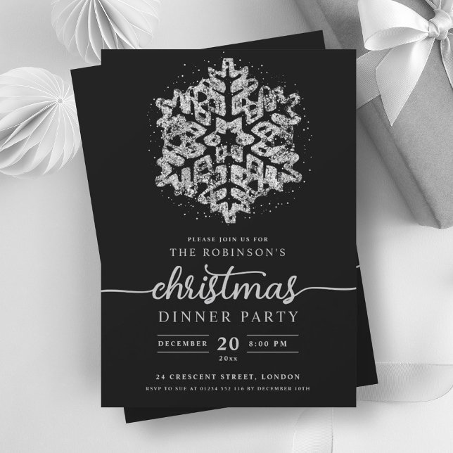 Invitation Flocon de neige d'hiver moderne en argent Noir (Modern Silver Winter Snowflake Christmas Black Invitation)