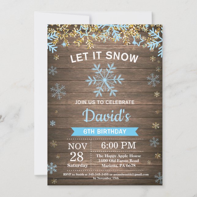 Invitation Flocon de neige d'hiver rustique Bleu et Gold Boy  (Devant)