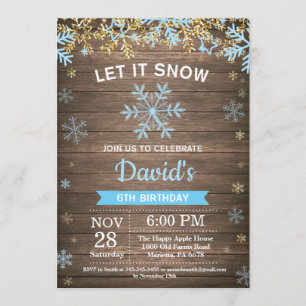 Invitation Flocon de neige d'hiver rustique Bleu et Gold Boy
