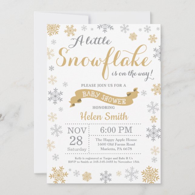 Invitation Flocon de neige d'or d'invitation de baby shower (Devant)