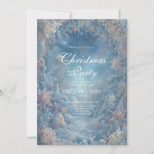 Invitation Flocon de neige doré Fleurs bleues glacées Mariage (Devant)
