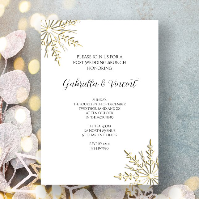 Invitation Flocon de neige doré sur brunch blanc d'hiver aprè (Créateur téléchargé)