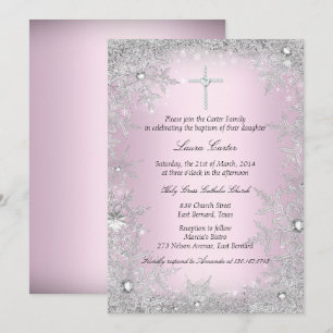 Invitation Flocon de neige en cristal argenté rose Baptême