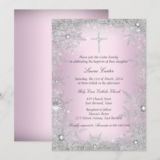 Invitation Flocon de neige en cristal argenté rose Baptême (Devant / Derrière)