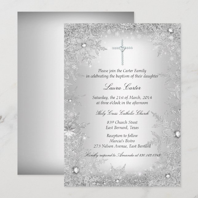 Invitation Flocon de neige en cristal d'argent Baptême (Devant / Derrière)